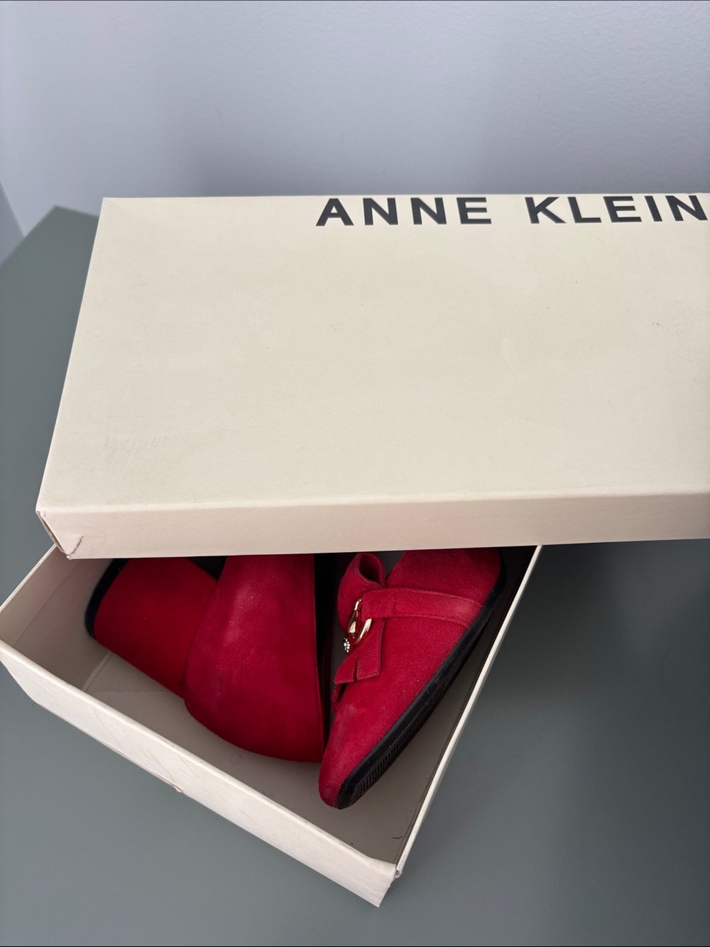 Anne Klein Red Suede Kiltie Loafers with Gold Accent - Picture 7 of 7